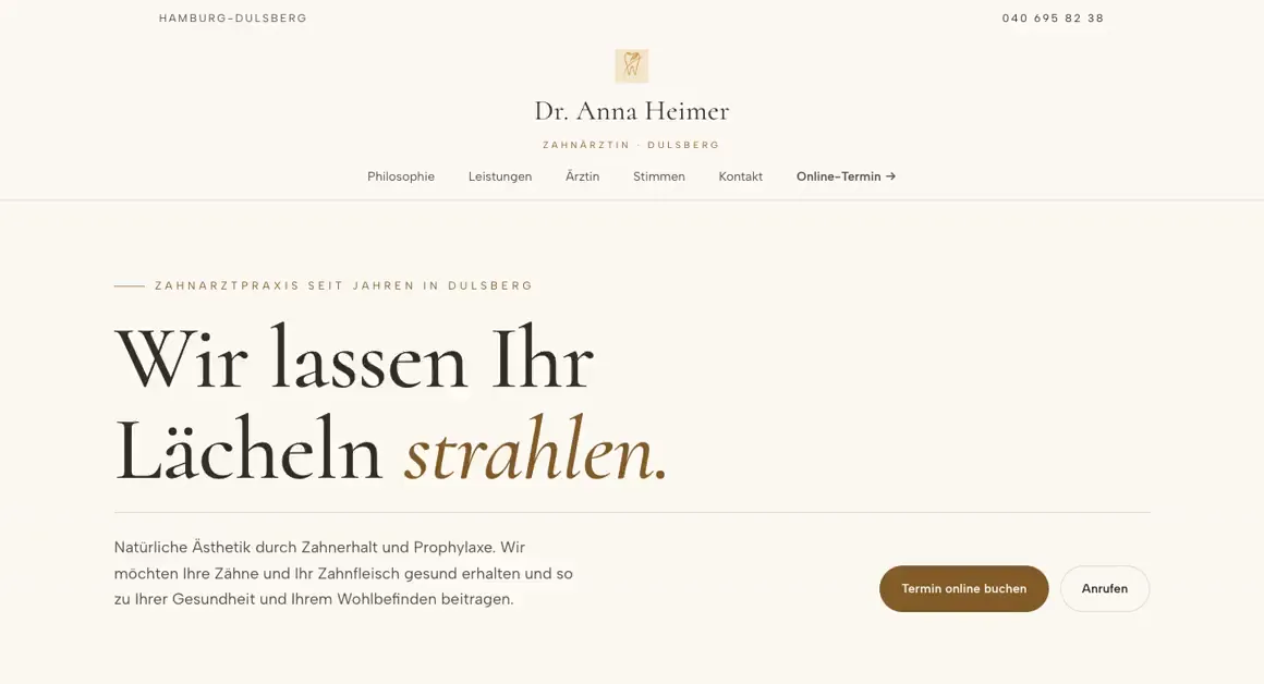 Entwurf einer Website, Zahnärztin · Hamburg